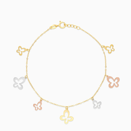 18K Multicolour Gold Charm Bracelet with 2 sizes Dangling Butterflies