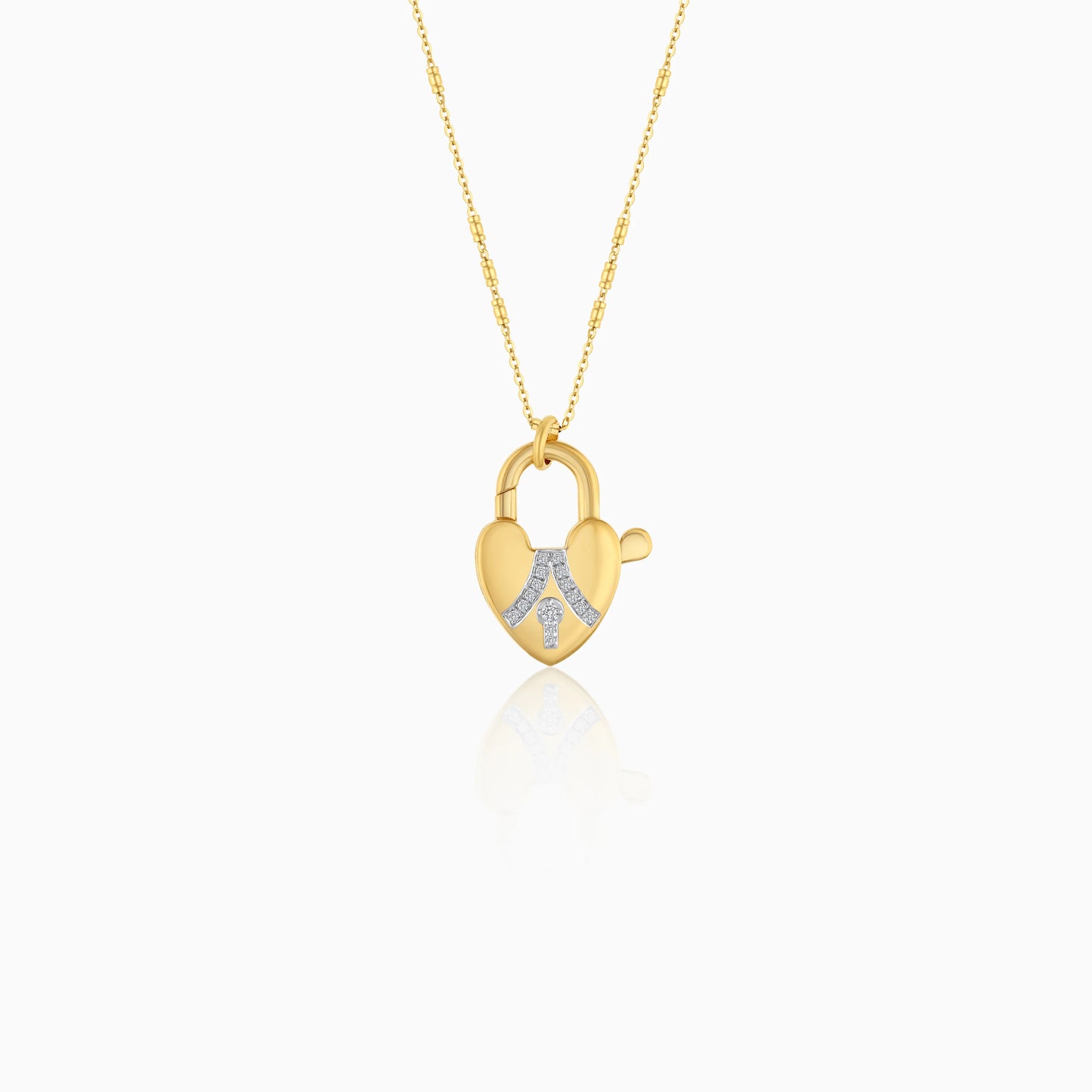 18K Solid Gold Necklace Adorned with Heart-Shaped Lock Set with Natural Diamonds