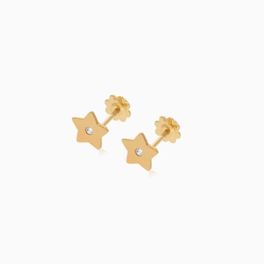 18k yellow gold kid's star-shaped earrings with a zircon stone in the center