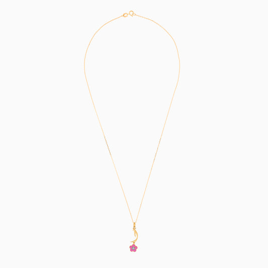 18K yellow gold Kids Necklace with letter ALIF with dangling pink flower decorated with a single natural diamond in the centre
