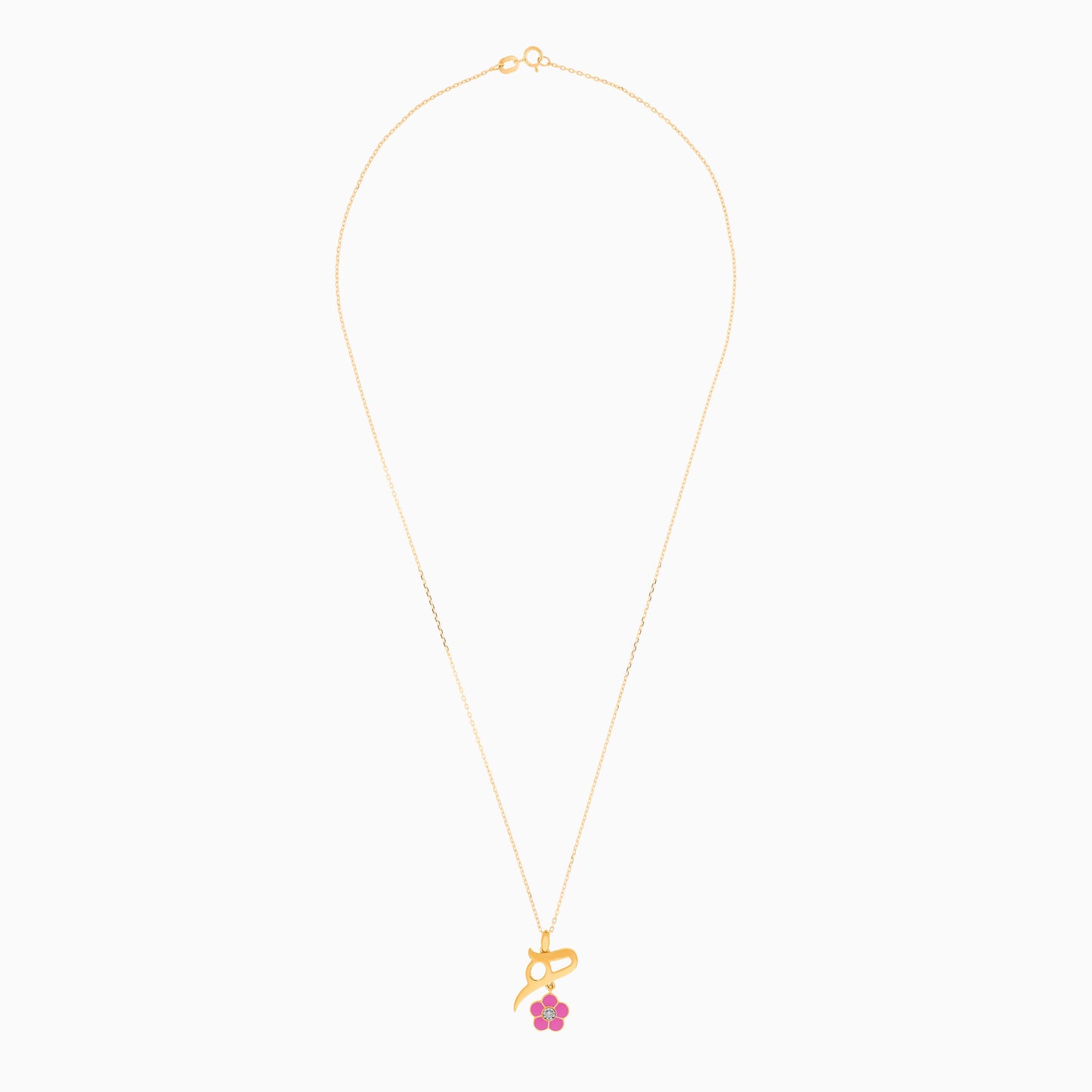 18k yellow gold kids necklace with letter Haa with dangling pink flower decorated with a single natural diamond in the centre