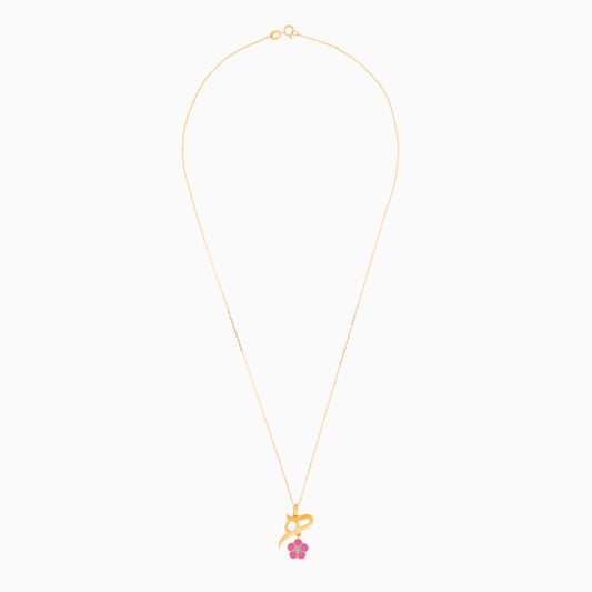 18k yellow gold kids necklace with letter Haa with dangling pink flower decorated with a single natural diamond in the centre
