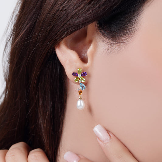 18K YELLOW GOLD PEARL EARRING WITH NATURAL DIAMOND & GEMSTONES