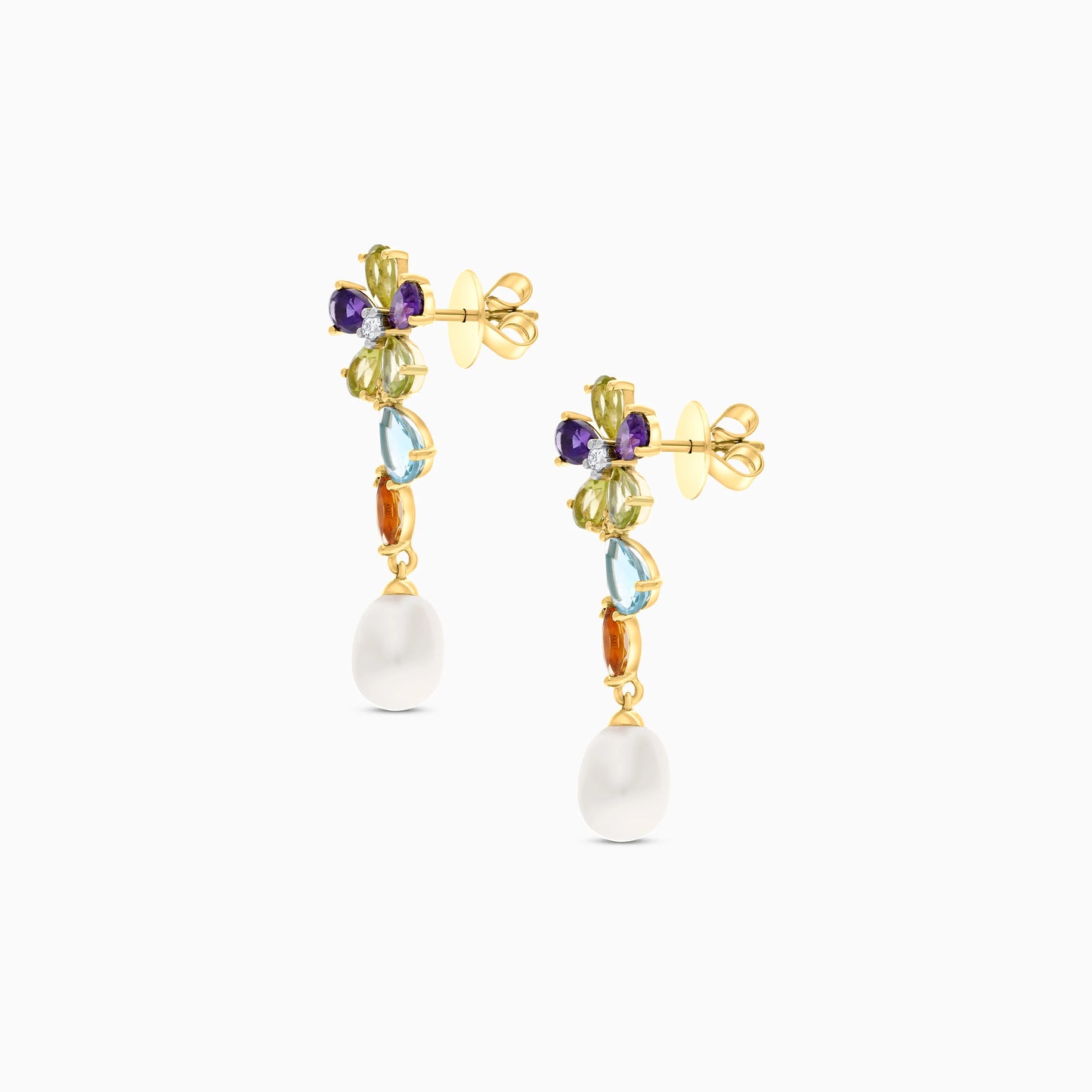 18K YELLOW GOLD PEARL EARRING WITH NATURAL DIAMOND & GEMSTONES