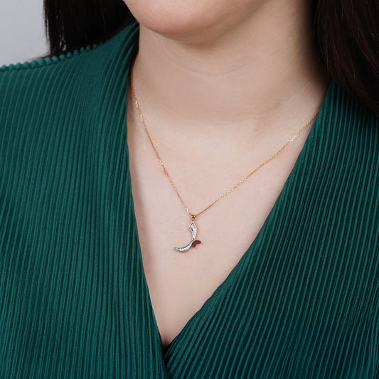 18k Yellow Gold 'Raa' Arabic Letter Necklace decorated With Natural diamond and garnet stones