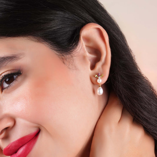 18K Yellow Gold Earrings with Diamond, Gemstone Flowers & Pearls – Danah Collection