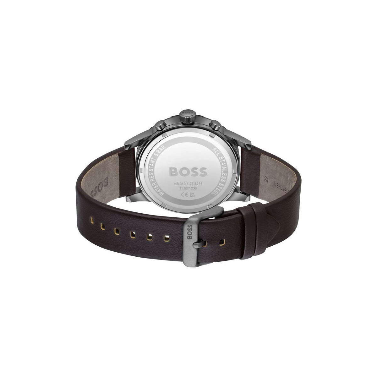 Boss Watch Quartz Solar movement in a Round case with Brown Leather Strap and Blue Dial