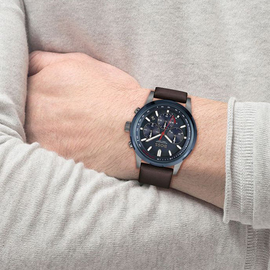 Boss Watch Quartz Solar movement in a Round case with Brown Leather Strap and Blue Dial