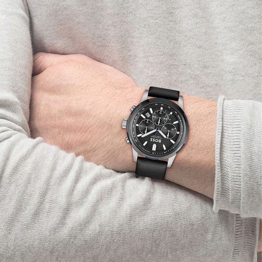 Boss Watch Quartz movement in a Round case with Black Leather Strap and Grey Dial