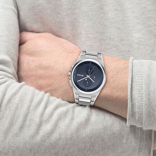 Boss Watch Quartz Movement In A Tonneau Case With Stainless Steel Bracelet And Blue Dial