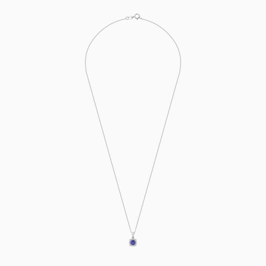18K White Gold Chain with Cushion shape Pendant Decorated by natural diamond and Blue Tanzanite