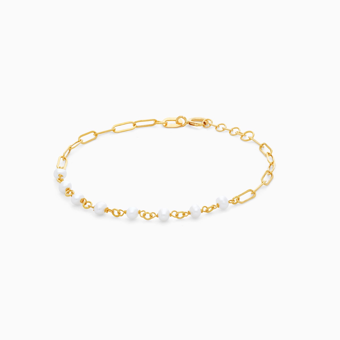 18K Yellow Gold Paperclip Pearl Bracelet