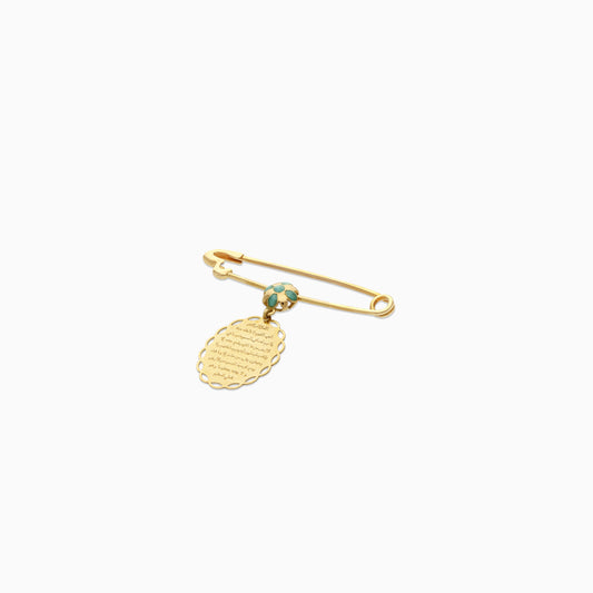 18k brooch Ayatul Kursi with light turquoise enamel colors on the top for newborns