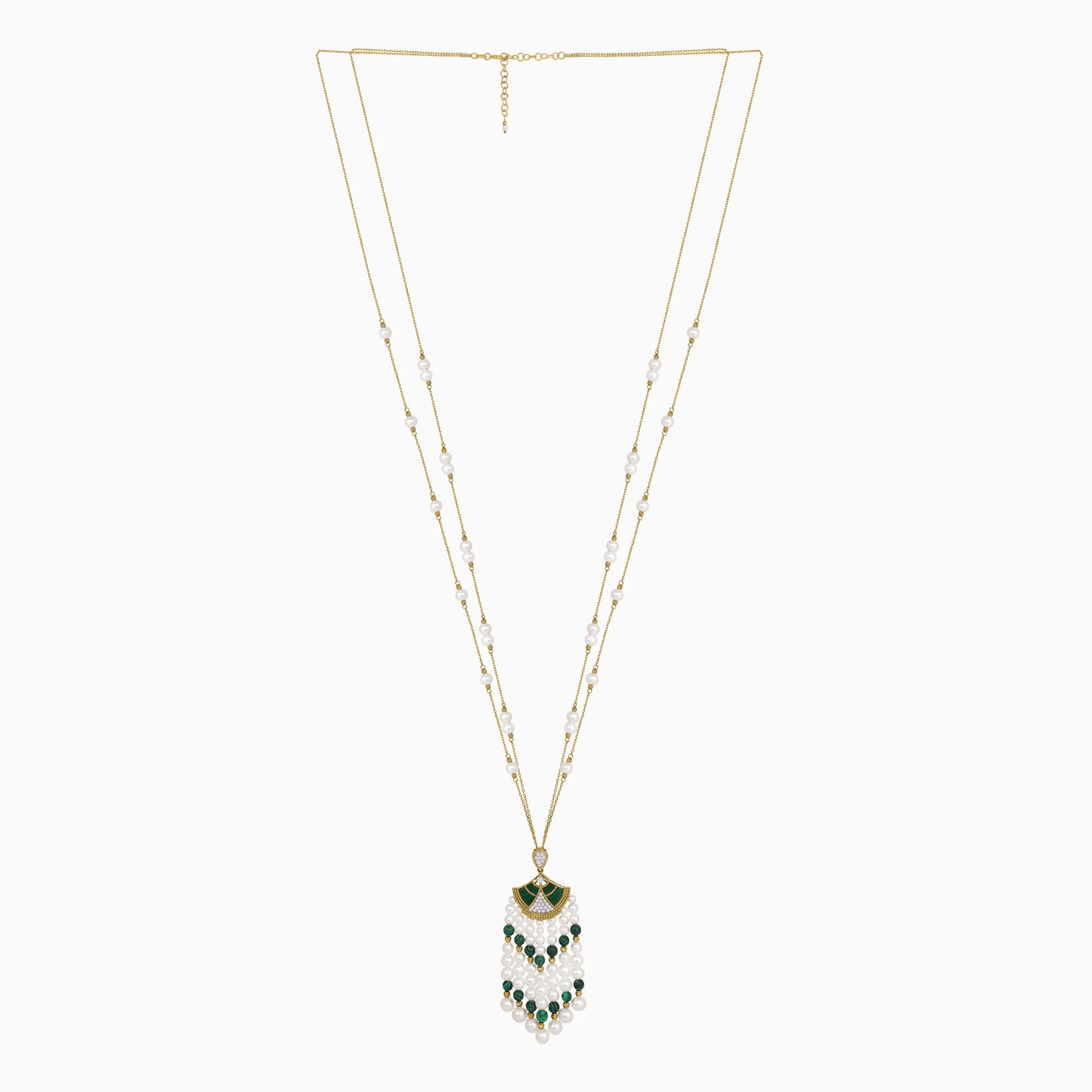 Danah 18K Yellow Gold Diamonds, Pearl and Malachite 2-layer Long Necklace