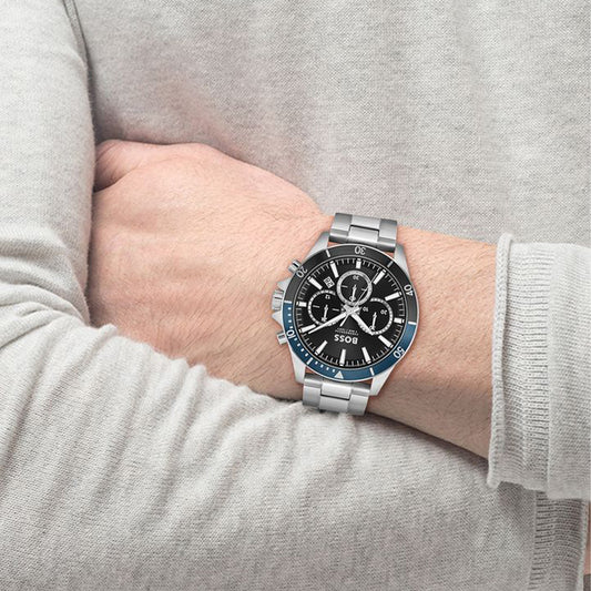 Boss Troper Mens Round 45mm Stainless Steel Case Stainless Steel Bracelet Stainless Steel Dial