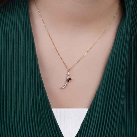 18k Yellow Gold 'Zaal' Arabic Letter Necklace With Natural Diamond & Garnet stones