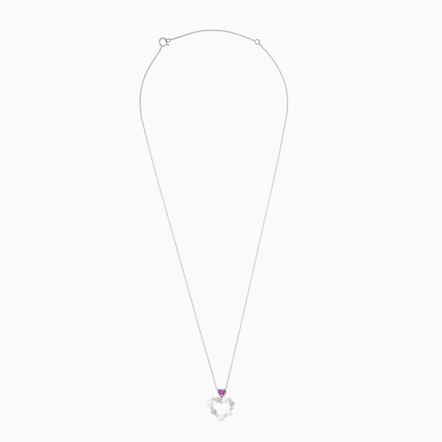 18k White Gold Pearl, Natural Diamond & Pink Sapphire Heart Pendant - Danah Diamond Collection