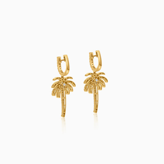18k Yellow Gold Hoops Earrings with a dangling Palm Tree shaped, decorated with Natural Diamond | Al Nakhla Collection