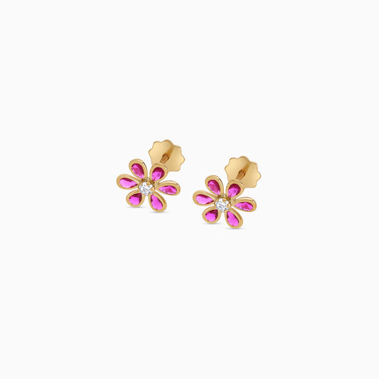 Gold Flower Earrings with Artificial Stones 18K for Kids