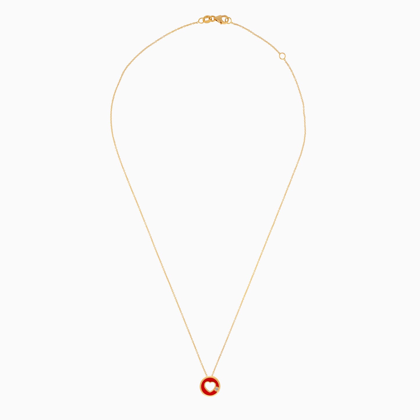 18K YELLOW GOLD NECKLACE HEART SHAPE DECORATED BY NATURAL DIAMOND STONES AND RED ENAMEL FOR KIDS