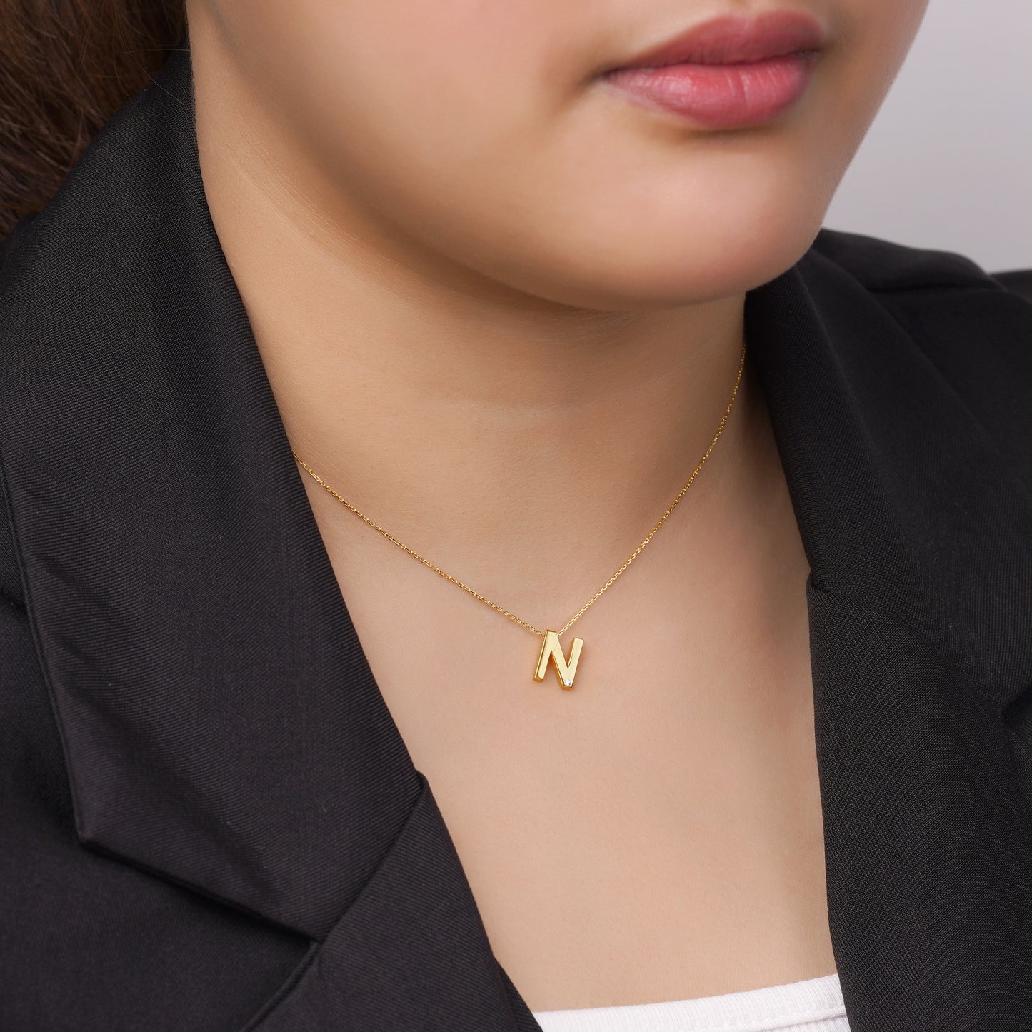 18k Yellow Gold Necklace with Letter “N” Adorned with Single Natural Diamond | Alpha Collection