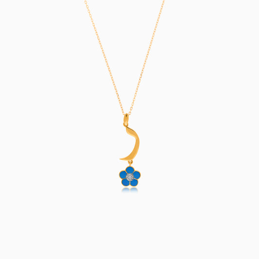 18k yellow gold kids necklace with letter "Raa" with hanging turquoise flower decorated with a single natural diamond in the centre