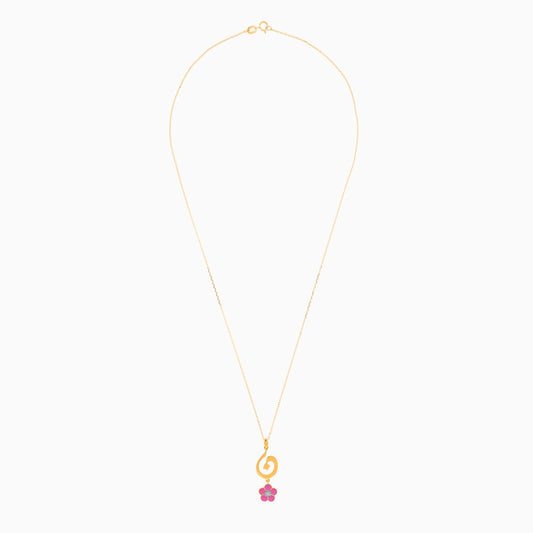 18k yellow gold kids necklace with letter noon with a hanging pink flower decorated with a single natural diamond in the centre