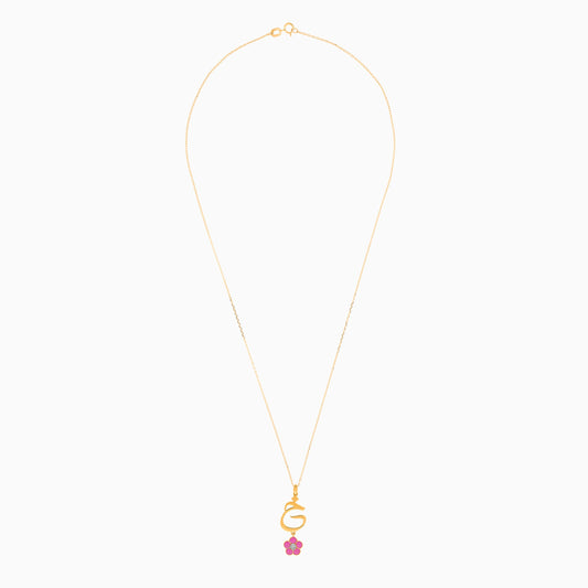 18k yellow gold kids necklace with the letter khaa with a hanging pink flower decorated with a single natural diamond in the centre