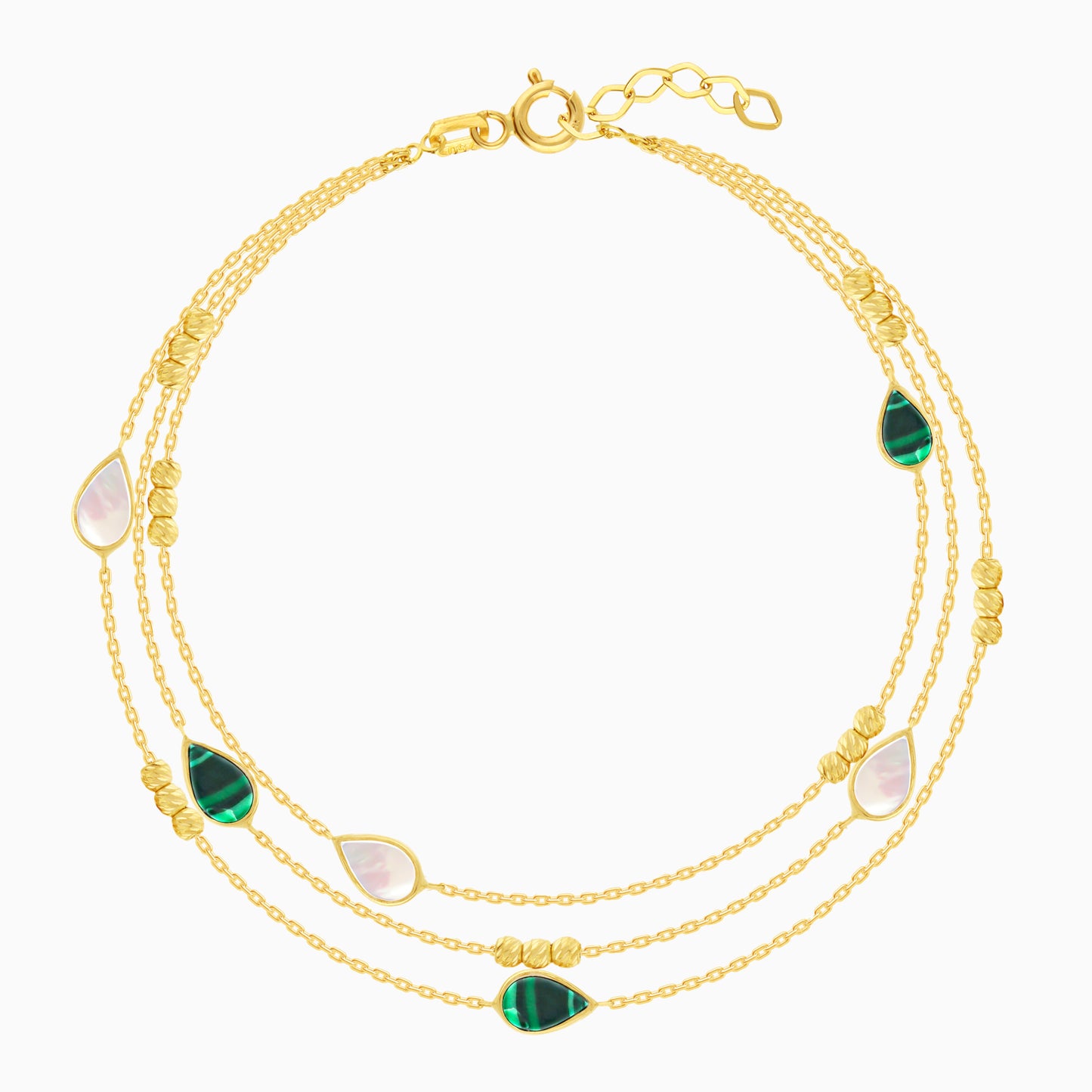 18k yellow gold bracelet three-layer decorated with mother of pearl and malachite stones in drop shape from Eclat collection