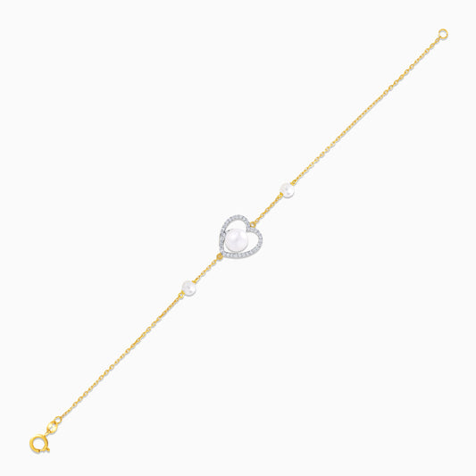18K Yellow Gold Heart-Shaped Bracelet with Diamonds and White Pearls – Danah Collection
