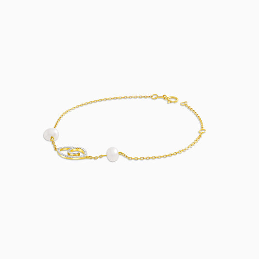 18K Yellow Gold Eye-Shaped Bracelet with Diamonds and Pearls – Danah Collection
