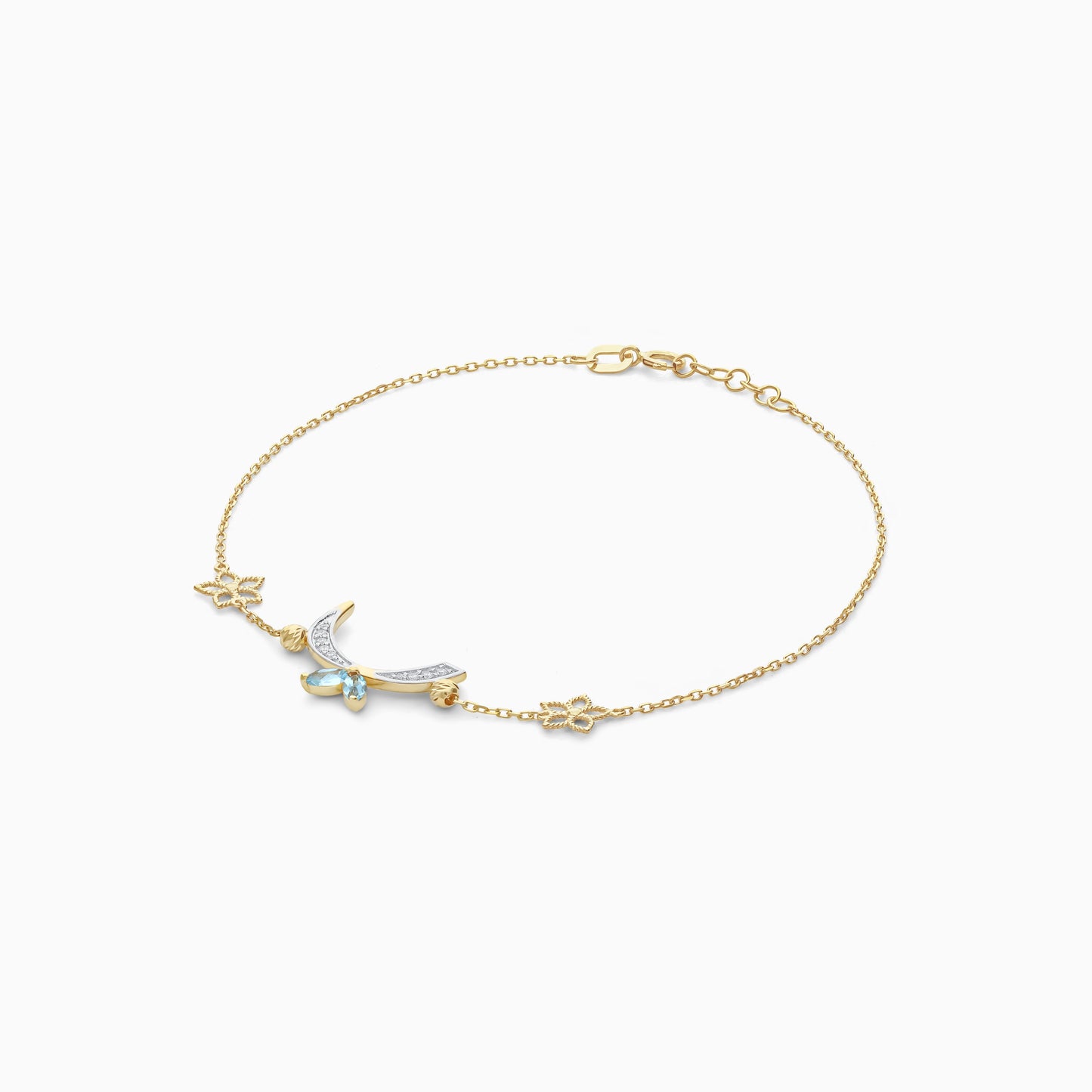 18K Yellow Gold 'Raa' Arabic Letter Bracelet with Natural Diamonds & Blue Topaz | Horoufi Diamond Collection