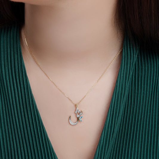 18k Yellow Gold 'Sheen' Arabic Letter Necklace With Natural Diamond & Blue Topaz