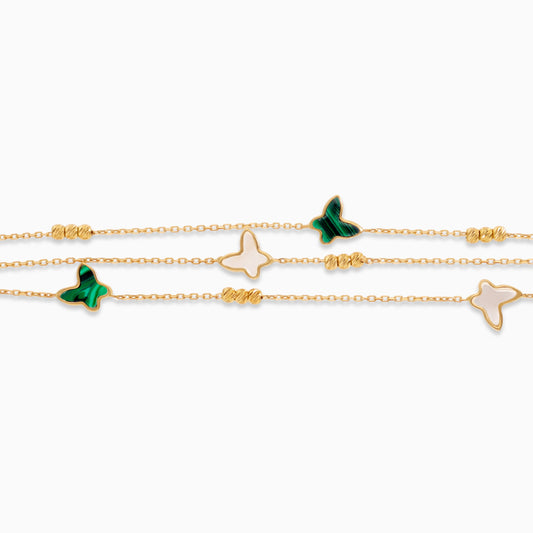 18k yellow gold bracelet three-layer decorated with mother of pearl and malachite stones in butterfly shape