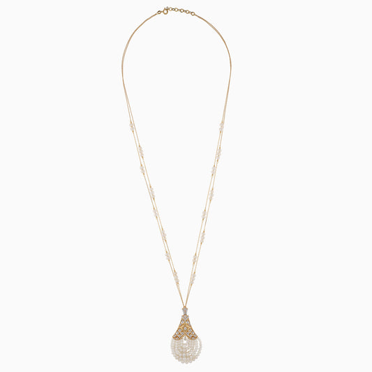 18K YELLOW GOLD DOUBLE CHAIN NECKLACE DECORATED WITH NATURAL DIAMOND AND PEARLS