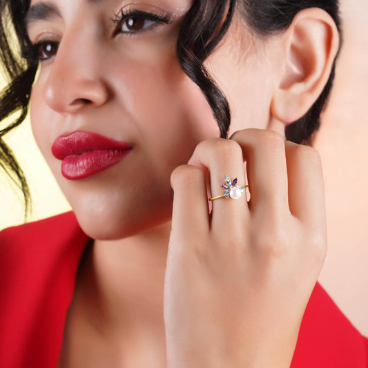 18K Yellow Gold Ring with Diamonds, Gemstones & Single Pearl – Danah Collection