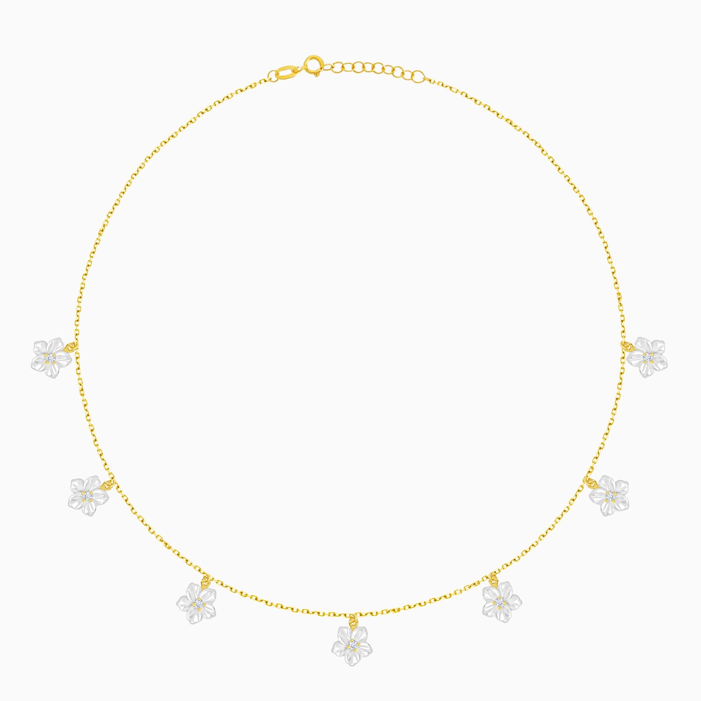 18K YELLOW GOLD NECKLACE DECORATED WITH OF MOTHER OF PEARL FLOWERS AND ZIRCON STONES IN THE CENTER - FROM WOROOD COLLECTION