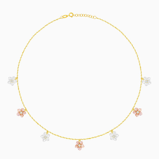 18K Worood Gold Necklace Pink & White Mother of Pearl Flower Design & Zircon Stones