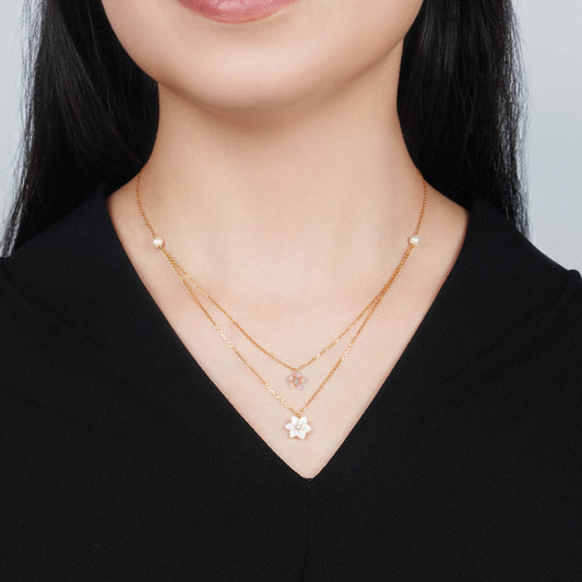 2 Layer 18K Gold Necklace Pink & White Mother of Pearl & Zircon