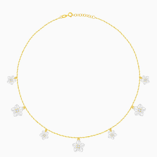 18K Gold Necklace Mother of Pearl Flower Design & Zircon Stones
