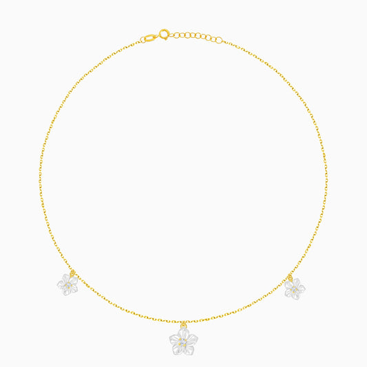 18K Gold Necklace Mixed Mother of Pearl Flower Sizes and Zircon Stones