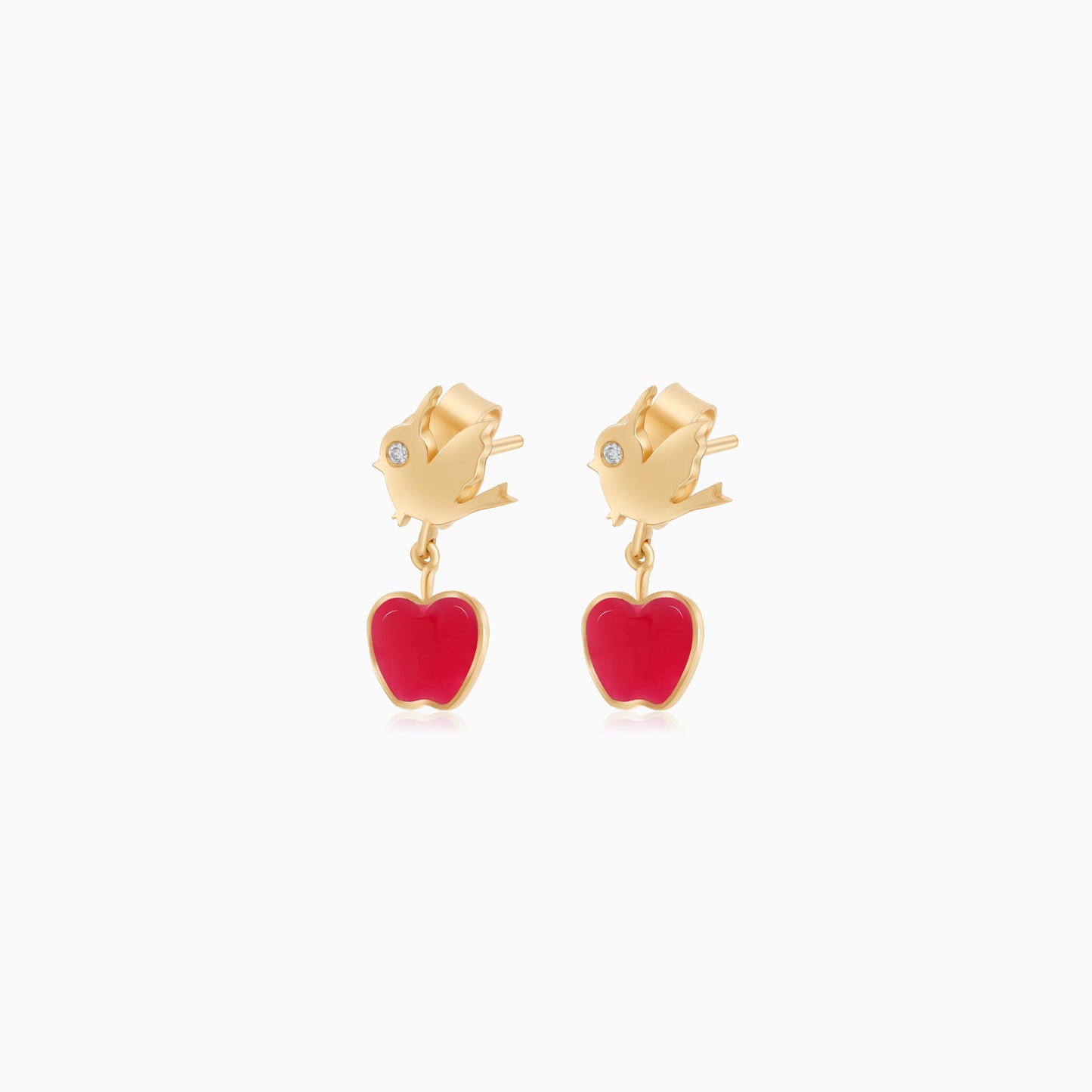 Disney Princess- Snow White-Apple & Bird Earrings in 18k Yellow Gold- with Natural Diamond & Red Enamel
