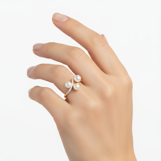 18K Yellow Gold Triple Pearl and Natural Diamond S-Curve Ring - Danah Diamond Collection