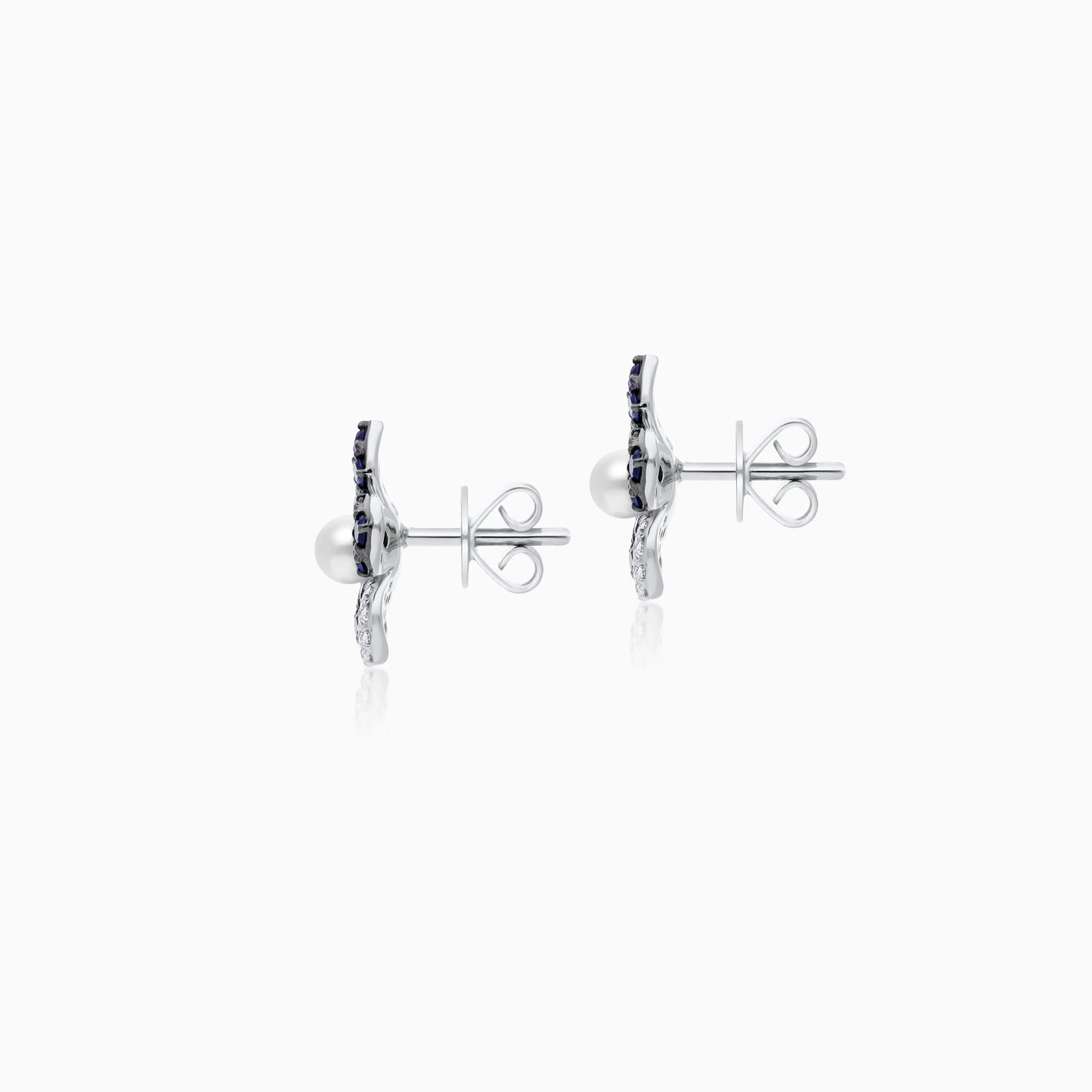 18K White Gold Flower Stud Earrings with Natural Sapphire, Diamond and Pearl - Danah Diamond Collection