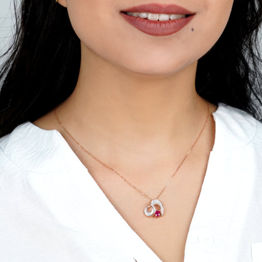 18K Rose Gold Necklace with Mother of Pearl, Natural Diamonds, and Ruby Stones