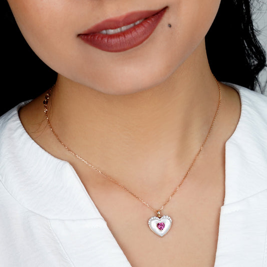 18K Rose Gold Necklace with Heart-Shaped White MOP, Natural Diamonds, and Pink Topaz Center