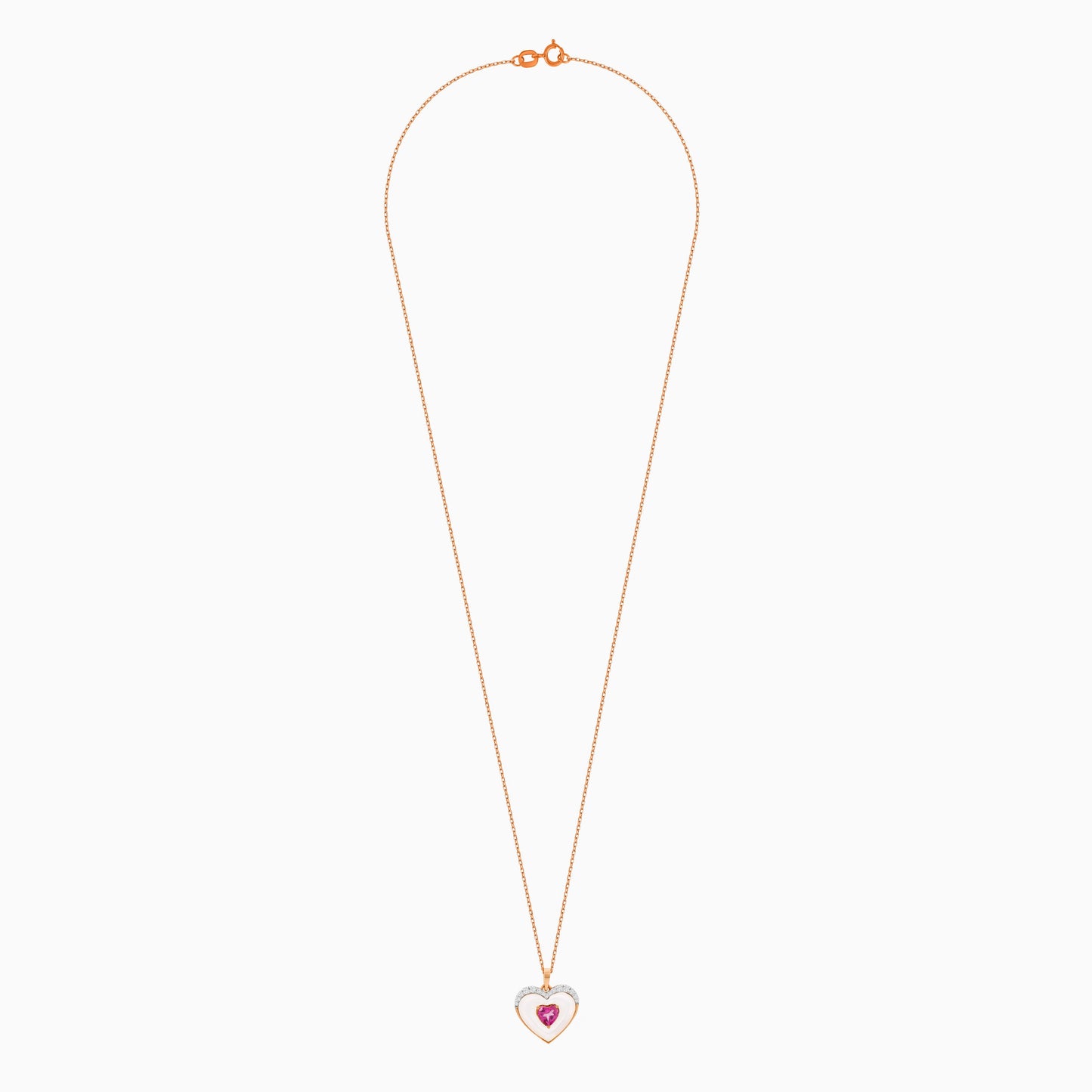 18K Rose Gold Necklace with Heart-Shaped White MOP, Natural Diamonds, and Pink Topaz Center