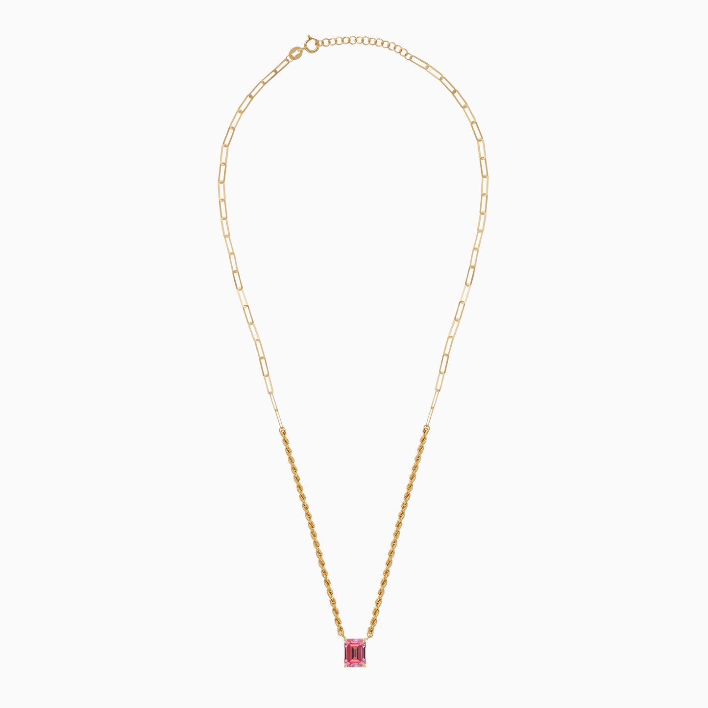 18K Yellow Gold Rope & Paperclip Chain with Pink Baguette-Cut Swarovski Zirconia | Valentine Collection