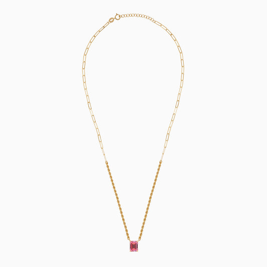 18K Yellow Gold Rope & Paperclip Chain with Pink Baguette-Cut Swarovski Zirconia | Valentine Collection