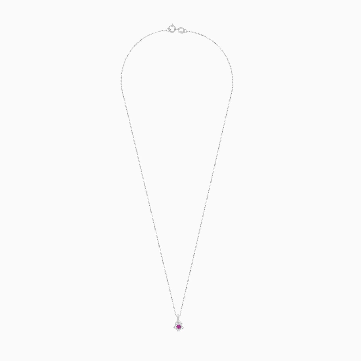 18K White Gold Necklace with a Flower-Shaped Pendant Decorated with a Ruby Stone and Surrounded by Natural Diamonds - Colori Collection